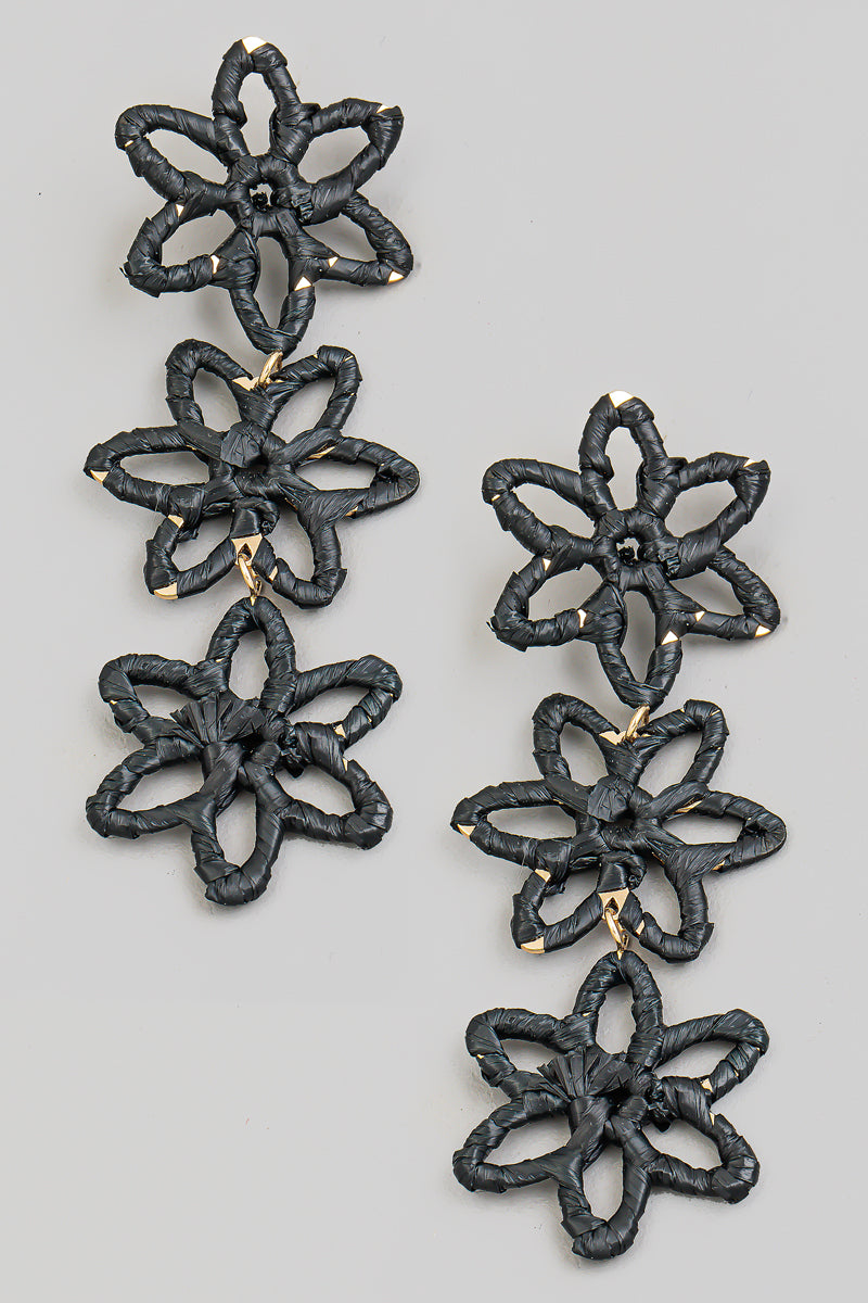 Raffia Wrap Flower Chain Dangle Earrings (Black)