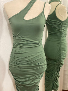 One Shoulder Ruched Dress (FOREST GREEN)